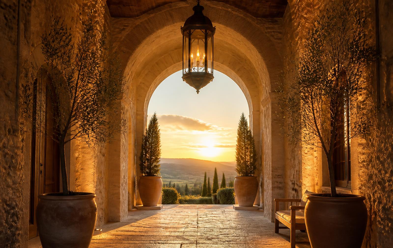 A lantern-lit stone archway framing a sunlit valley beyond a country estate